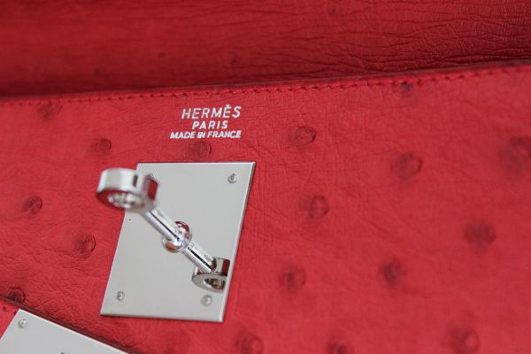 Hermes Red Ostrich 32cm KELLY Bag Palladium #24