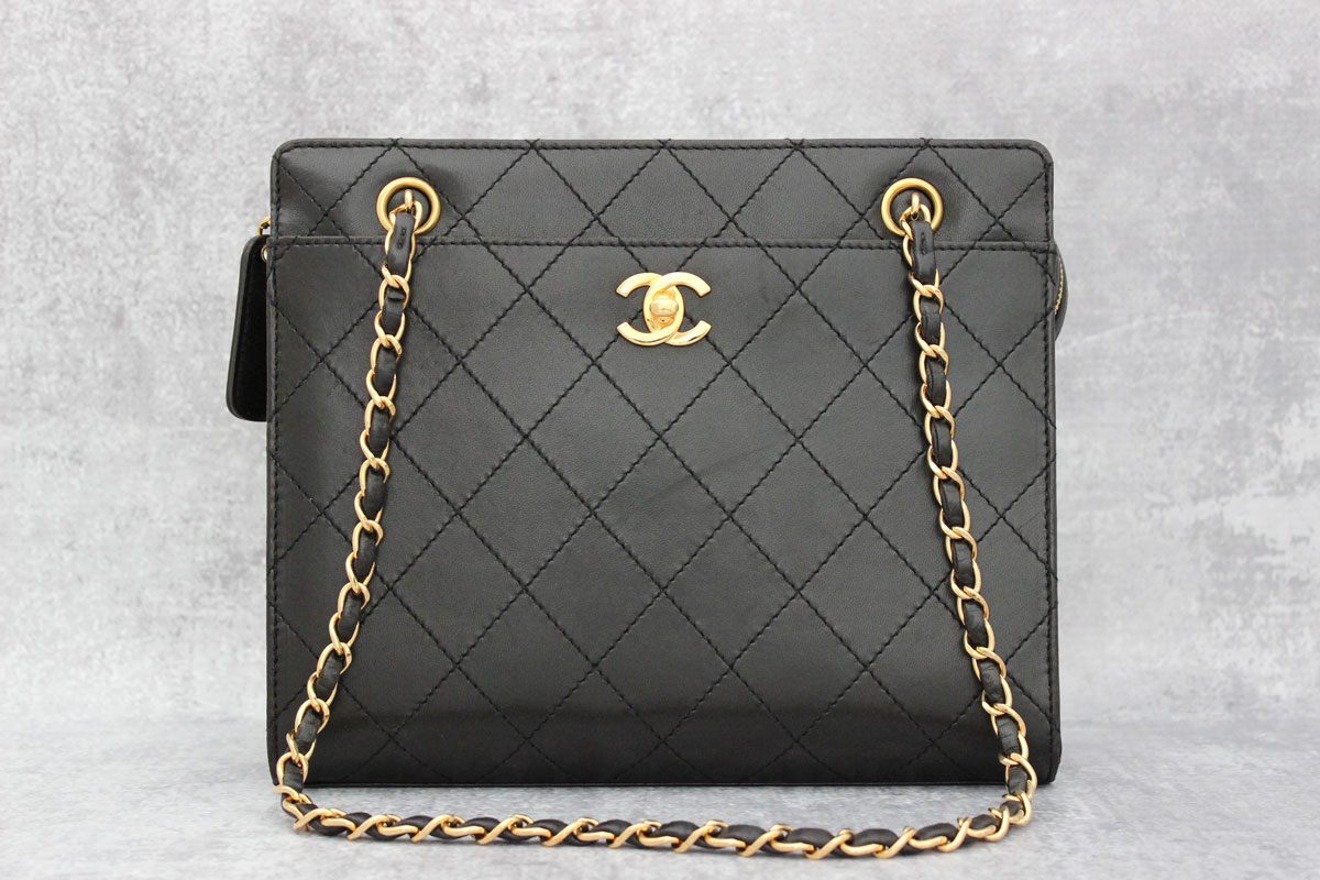 Chanel Vintage Black Lambskin Chain Strap Shoulder Bag