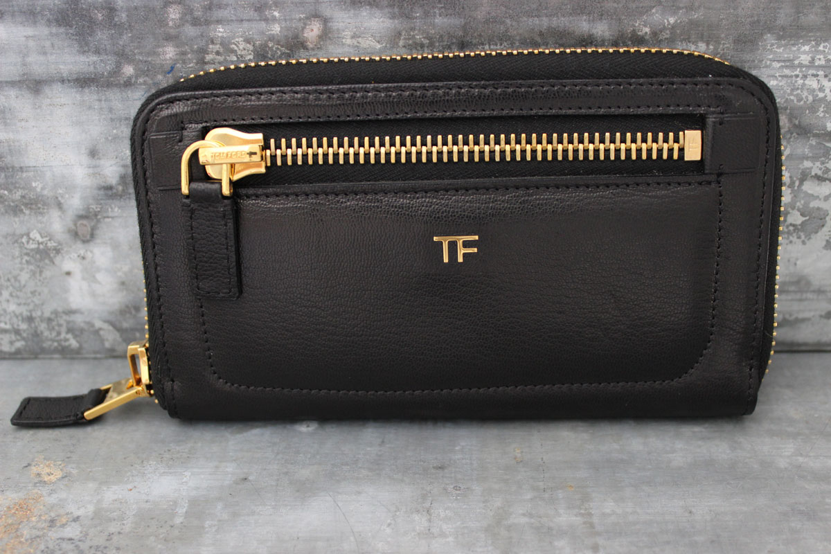 Tom Ford Black Leather Zip Detail Organizer Clutch Wallet